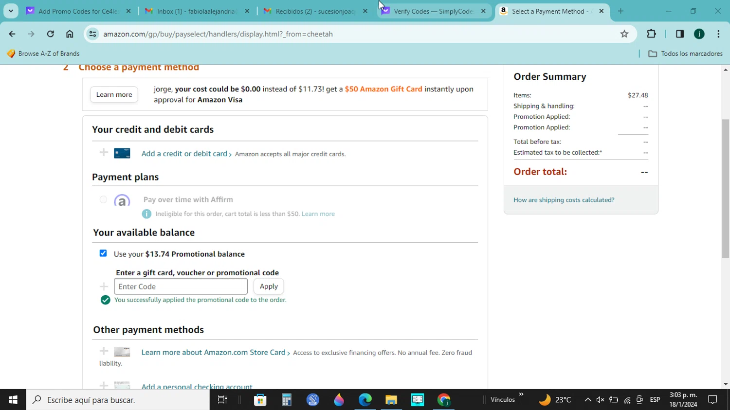 Amazon Echo checkout page showing Amazon Echo promo code box | Screenshot taken by SimplyCodes community member on Jan 18, 2024