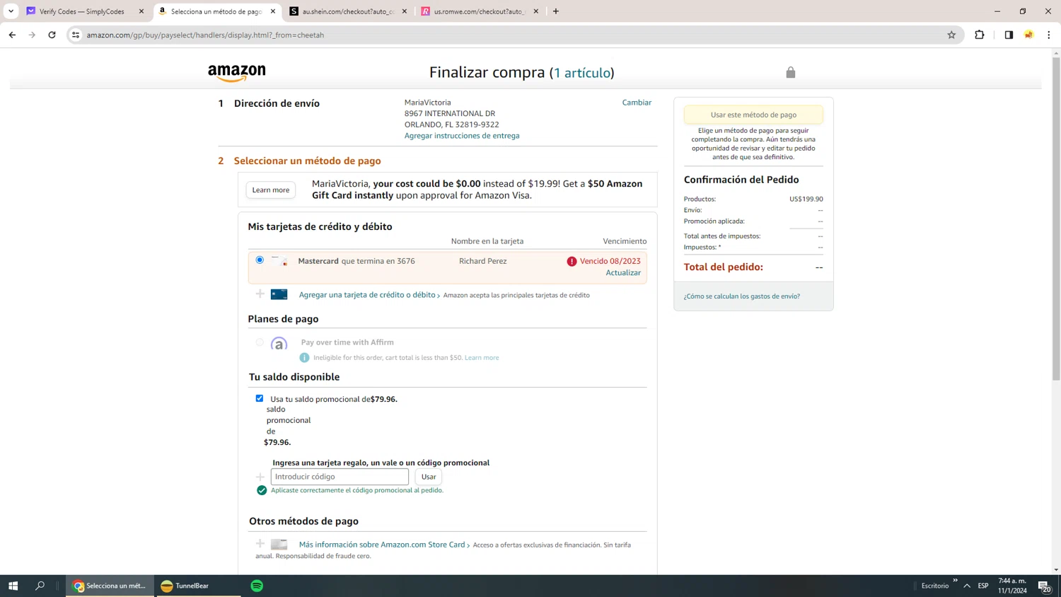 Amazon Echo checkout page showing Amazon Echo promo code box | Screenshot taken by SimplyCodes community member on Jan 11, 2024
