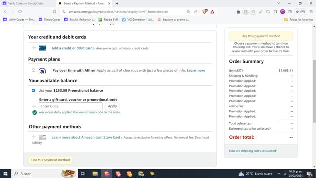 Amazon Fresh checkout page showing Amazon Fresh promo code box | Screenshot taken by SimplyCodes community member on Feb 6, 2024