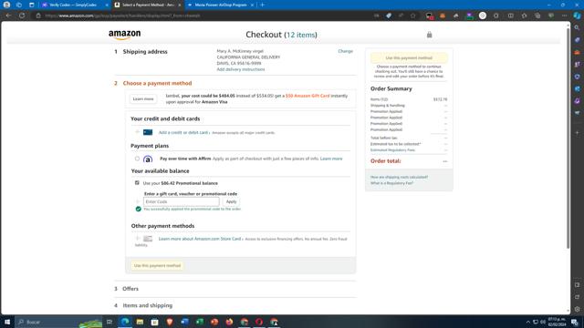 Amazon Fresh checkout page showing Amazon Fresh promo code box | Screenshot taken by SimplyCodes community member on Feb 2, 2024