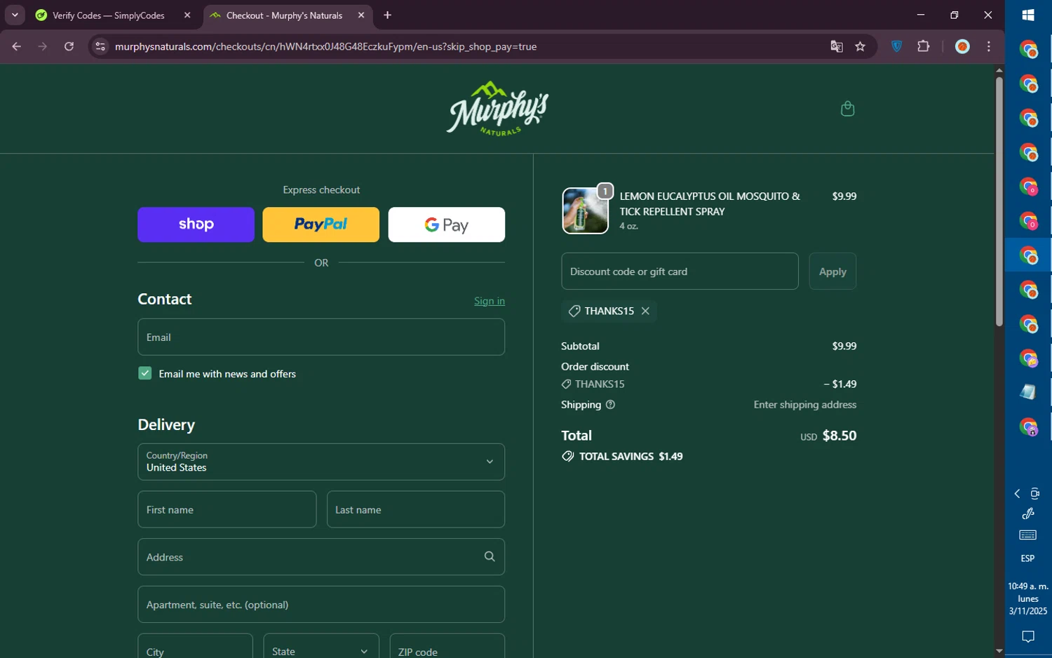 Amazon Lights promo code screenshot showing code THANKS15 applied at Amazon Lights checkout page. Uploaded by SimplyCodes community member PromoVoyager8446 on Nov 3, 2025