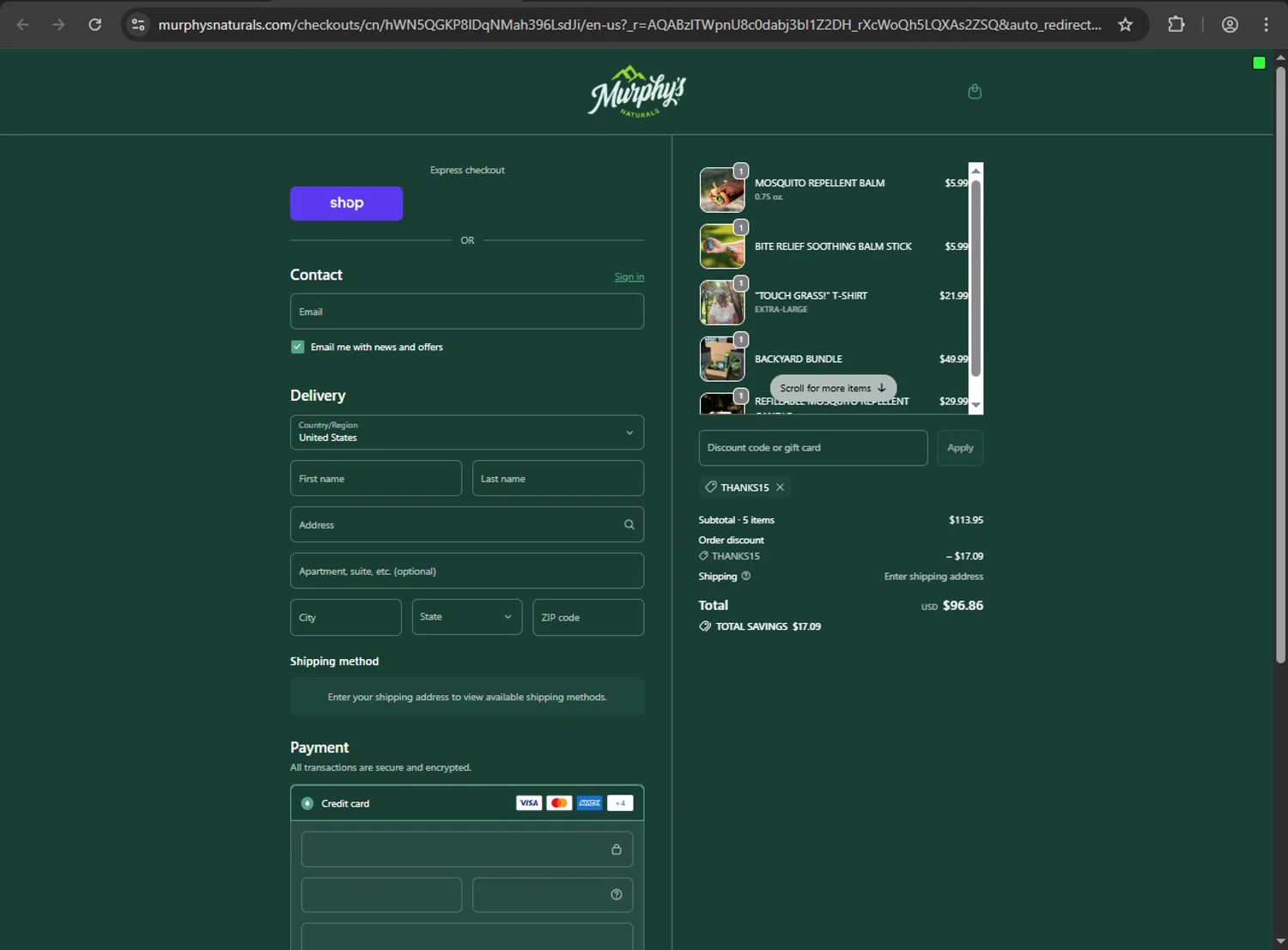 Amazon Lights promo code screenshot showing code THANKS15 applied at Amazon Lights checkout page. Uploaded by SimplyCodes community member anthonyramirez1 on Nov 18, 2025