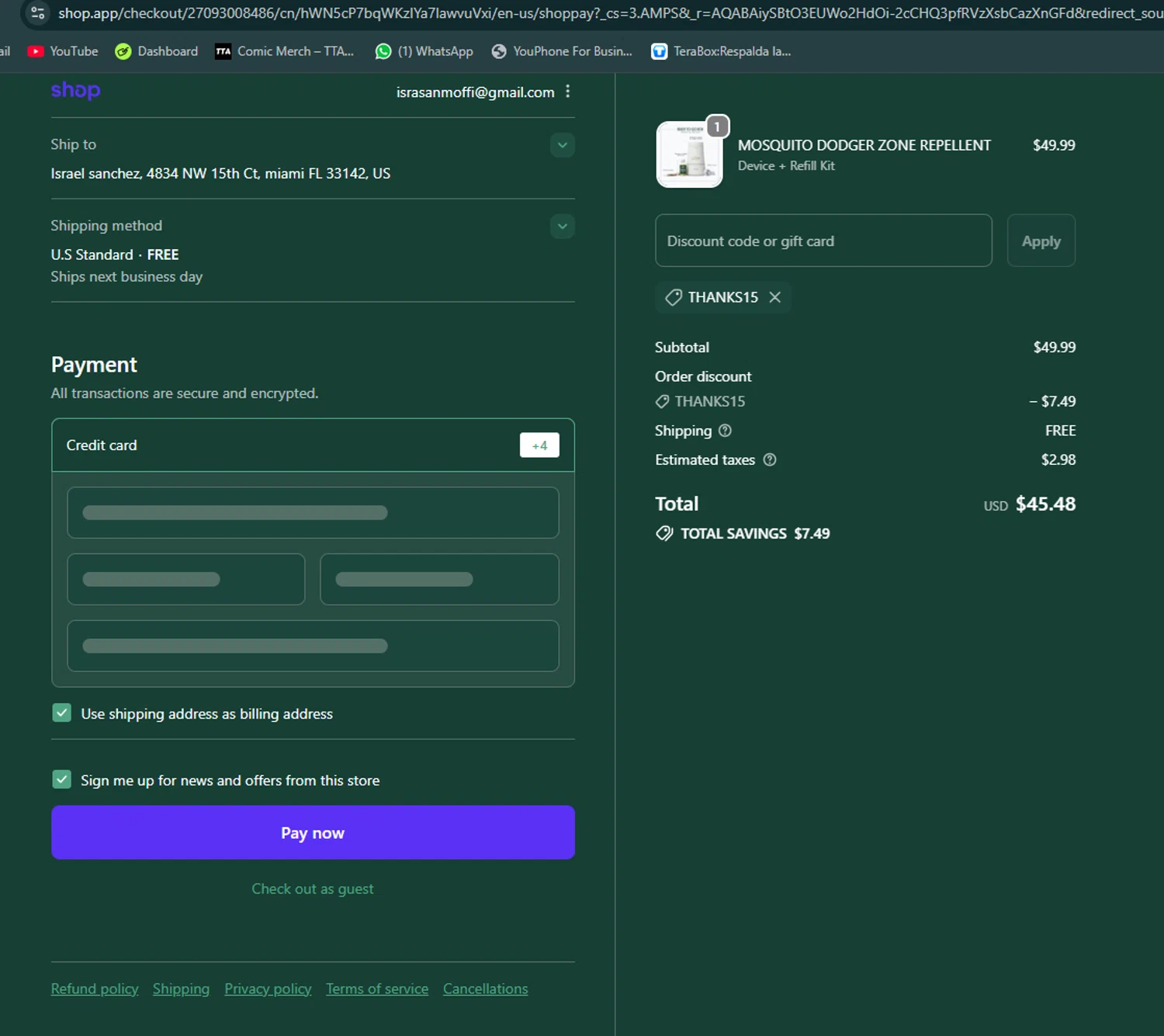 Amazon Lights promo code screenshot showing code THANKS15 applied at Amazon Lights checkout page. Uploaded by SimplyCodes community member avatar on Nov 23, 2025