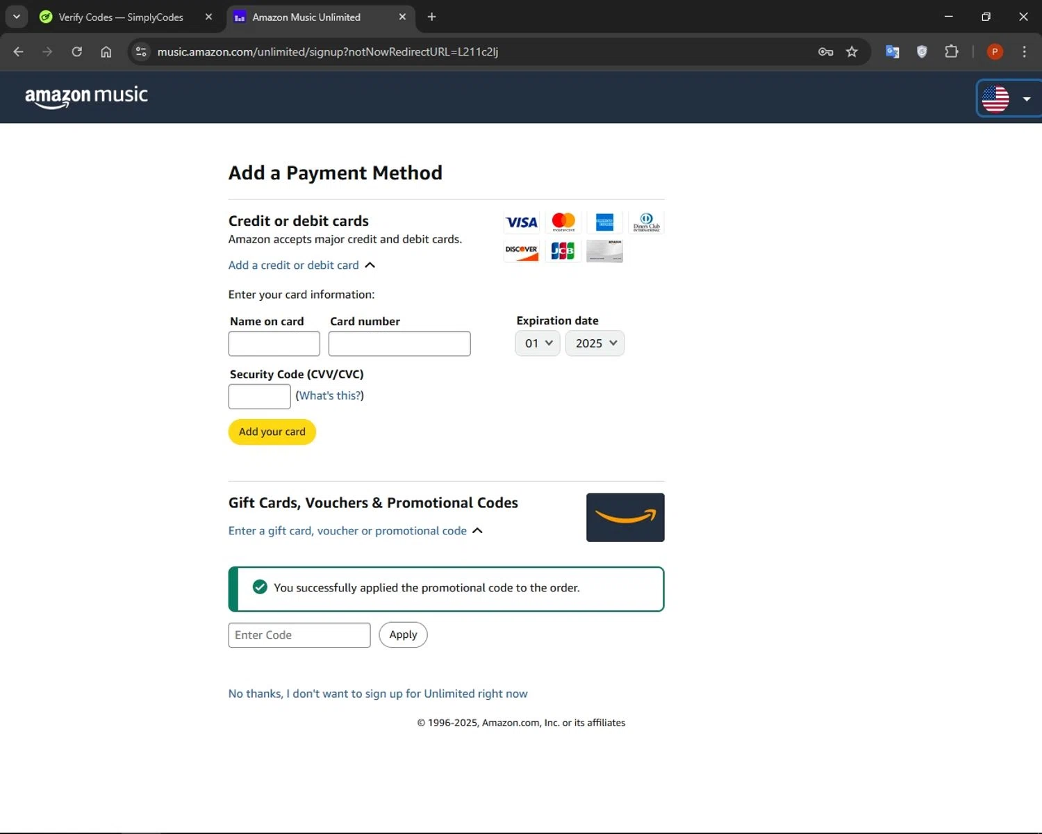 Amazon Music checkout page showing Amazon Music promo code box | Screenshot taken by SimplyCodes community member on Apr 20, 2025
