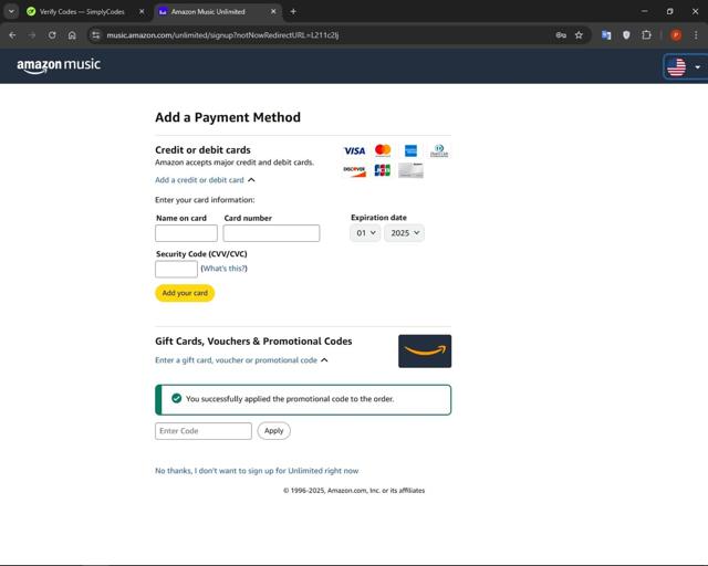 Amazon Music checkout page showing Amazon Music promo code box | Screenshot taken by SimplyCodes community member on Apr 20, 2025