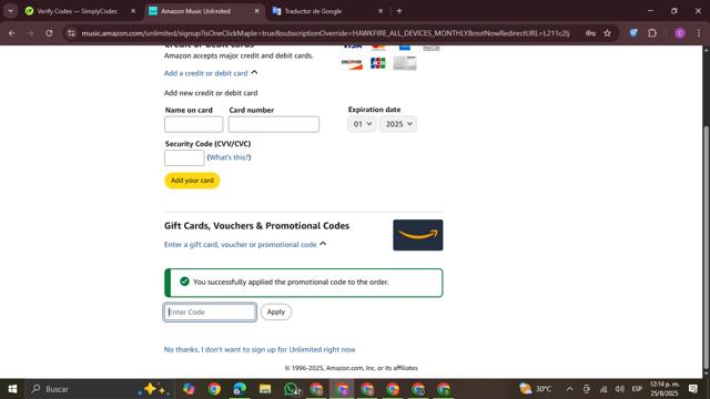 Amazon Music checkout page showing Amazon Music promo code box | Screenshot taken by SimplyCodes community member on Aug 25, 2025
