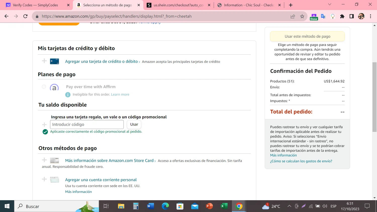 Amazon Pharmacy checkout page showing Amazon Pharmacy discount code box | Screenshot taken by SimplyCodes community member on Oct 17, 2023