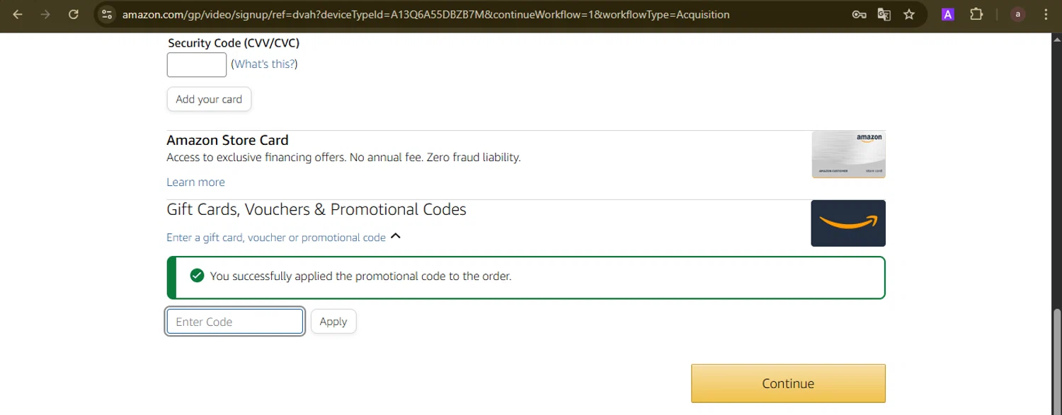 Amazon Prime checkout page showing Amazon Prime promo code box | Screenshot taken by SimplyCodes community member on Aug 12, 2025