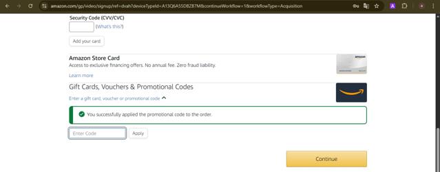 Amazon Prime checkout page showing Amazon Prime promo code box | Screenshot taken by SimplyCodes community member on Aug 12, 2025