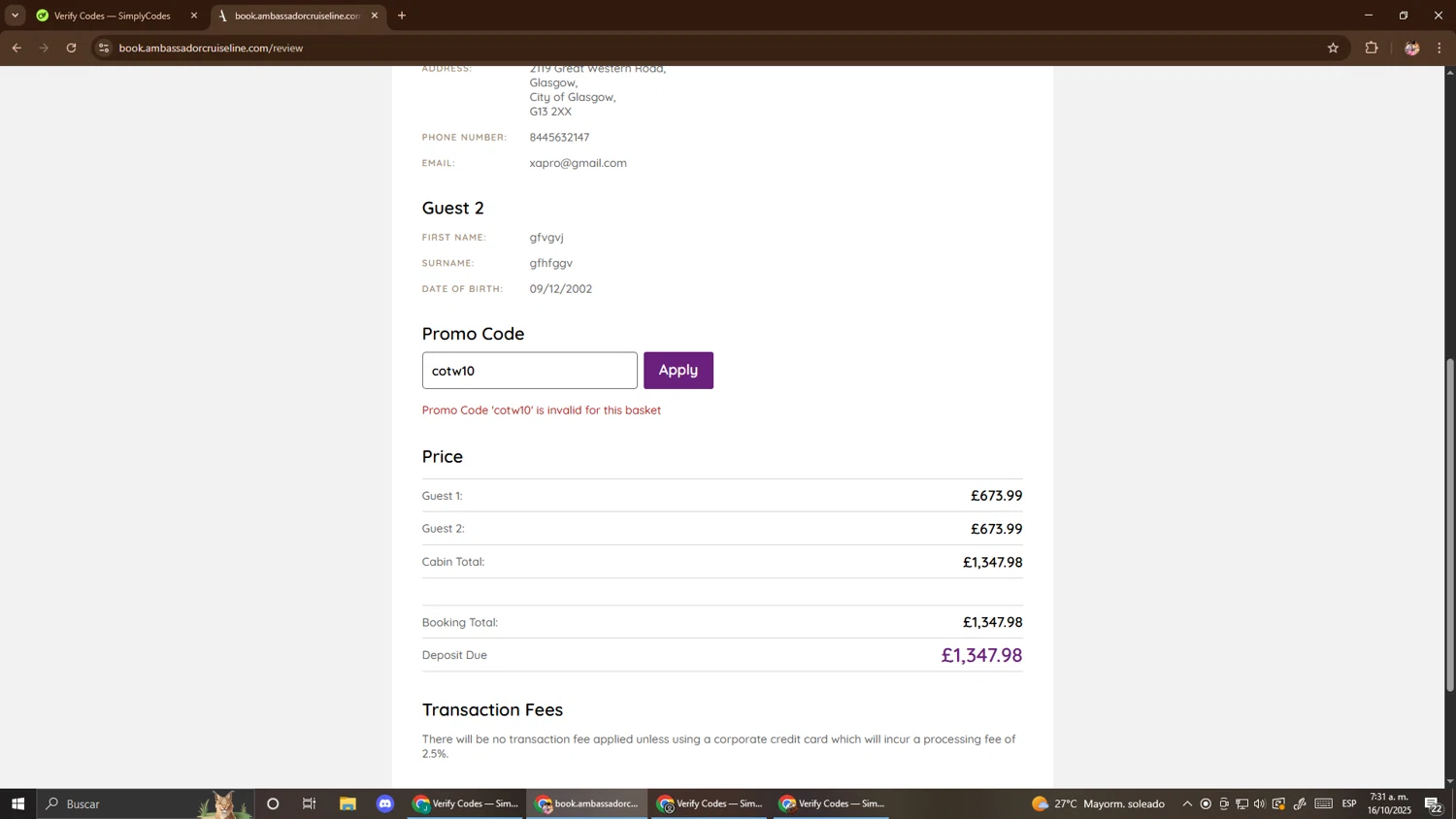 Ambassador Cruise Line checkout page showing Ambassador Cruise Line promo code box | Screenshot taken by SimplyCodes community member on Oct 16, 2025