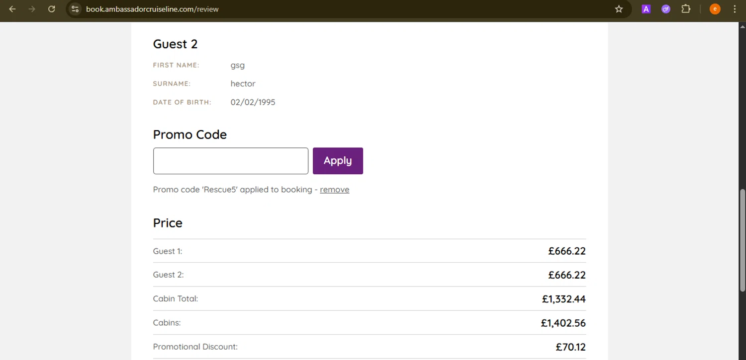 Ambassador Cruise Line promo code screenshot showing code RESCUE5 applied at Ambassador Cruise Line checkout page. Uploaded by SimplyCodes community member NobleElite1598 on Nov 21, 2025