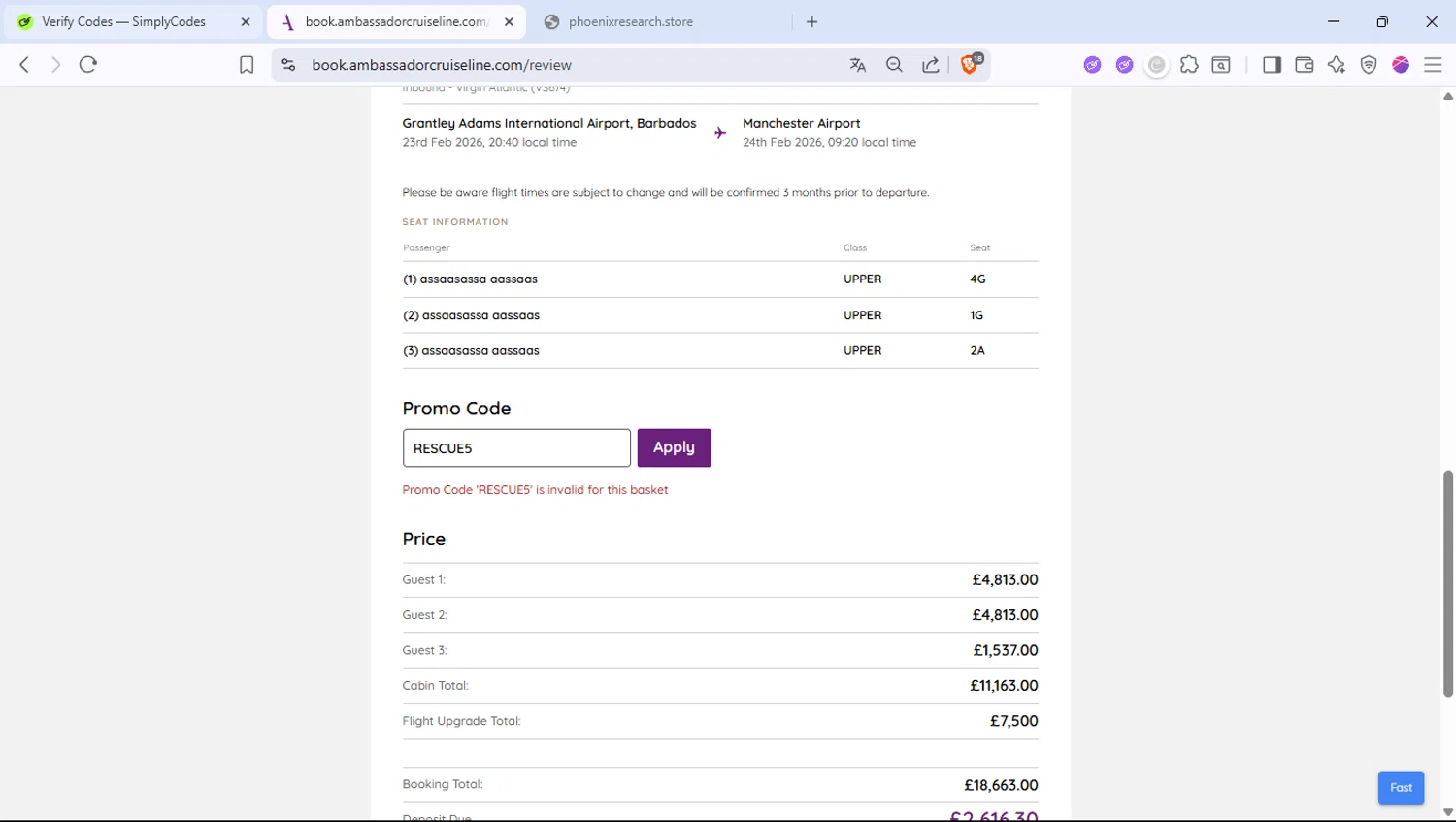 Ambassador Cruise Line promo code screenshot showing code RESCUE5 applied at Ambassador Cruise Line checkout page. Uploaded by SimplyCodes community member PocoyoTraihard on Jul 28, 2025