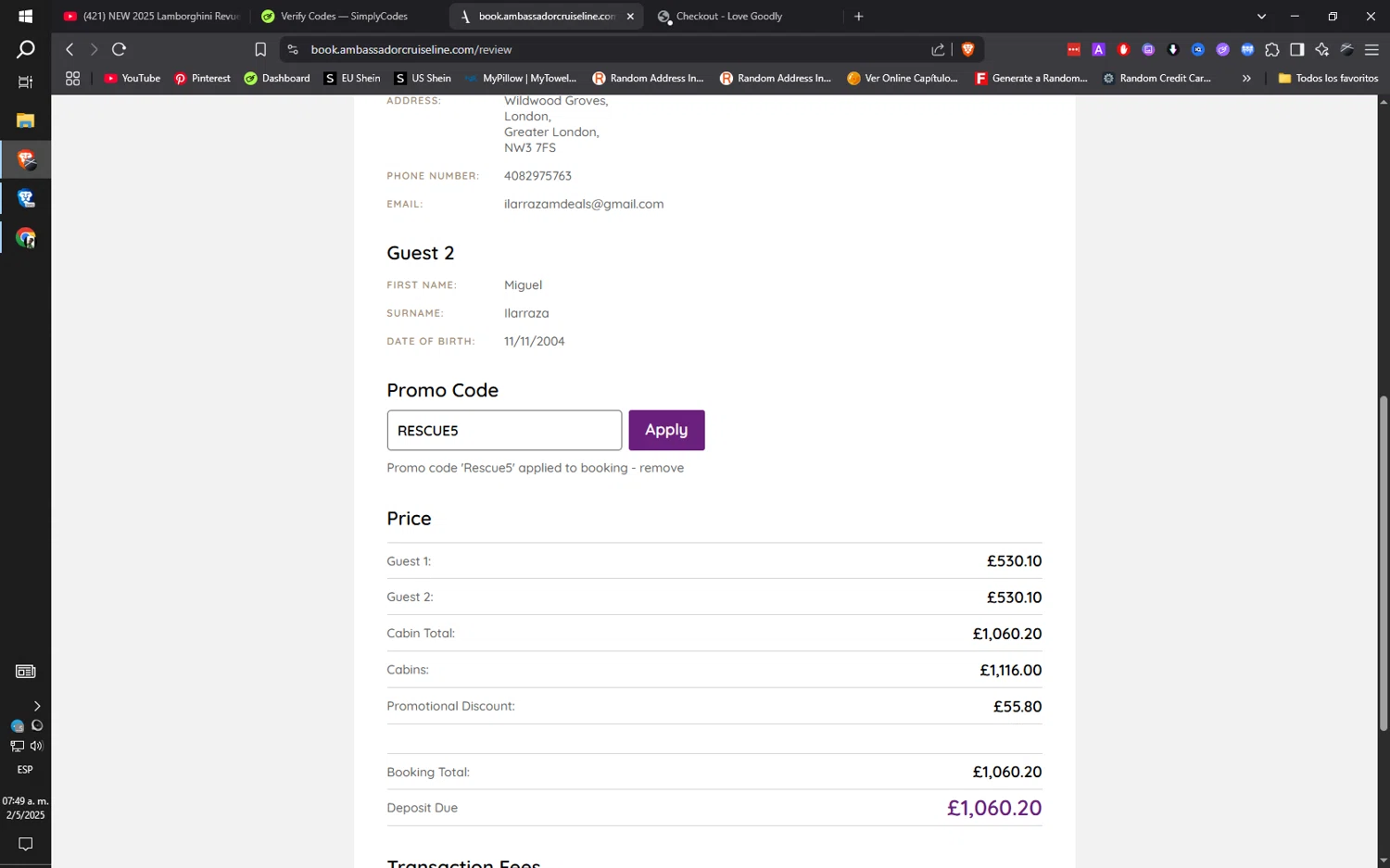 Ambassador Cruise Line promo code screenshot showing code RESCUE5 applied at Ambassador Cruise Line checkout page. Uploaded by SimplyCodes community member ilarrazaM1 on May 2, 2025
