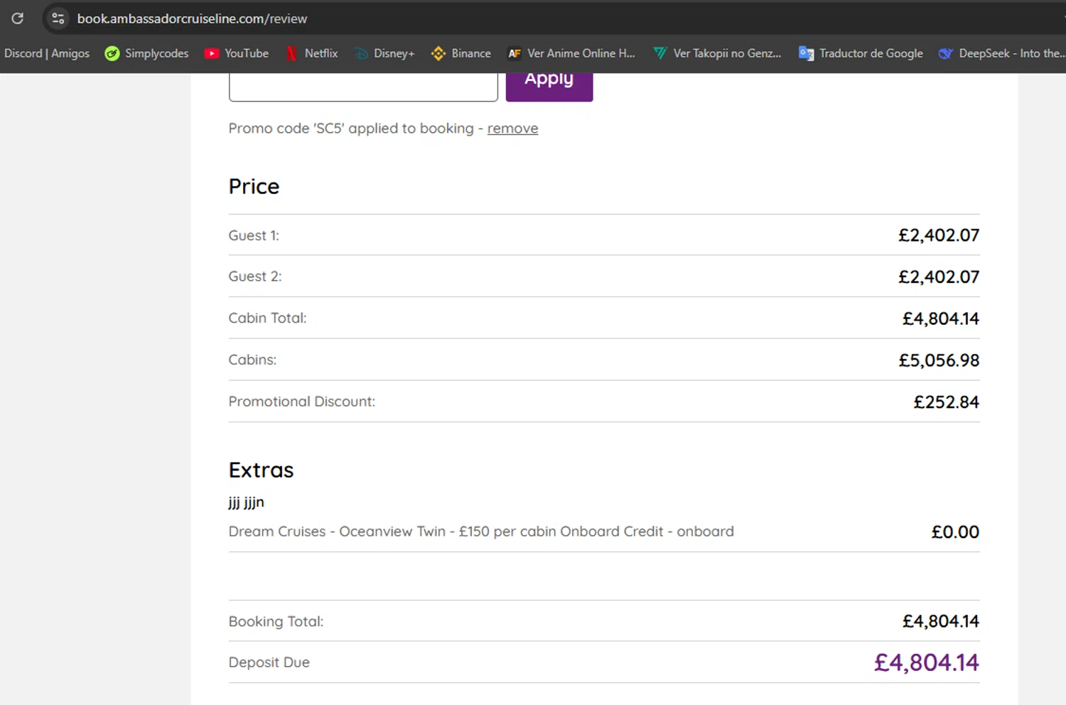 Ambassador Cruise Line promo code screenshot showing code SC5 applied at Ambassador Cruise Line checkout page. Uploaded by SimplyCodes community member Hisoka on Sep 13, 2025