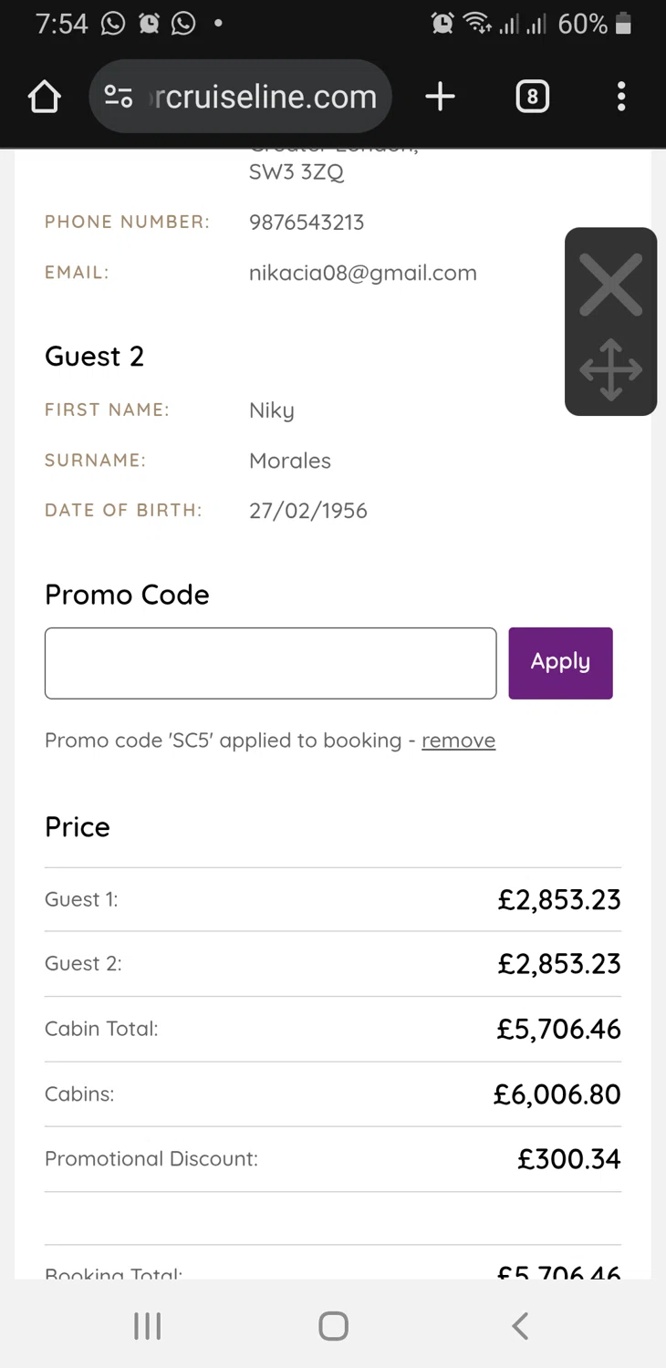 Ambassador Cruise Line promo code screenshot showing code SC5 applied at Ambassador Cruise Line checkout page. Uploaded by SimplyCodes community member TreasureLynx6841 on Jan 7, 2026