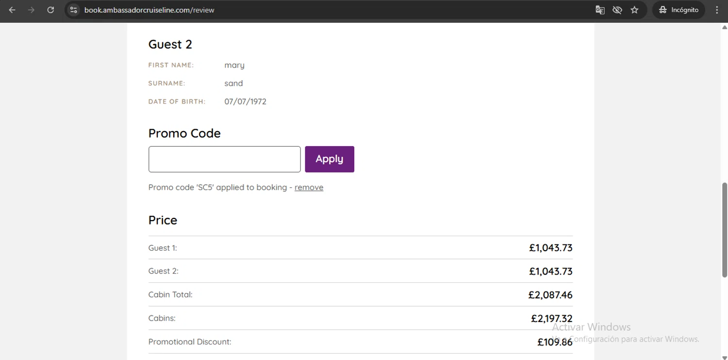 Ambassador Cruise Line promo code screenshot showing code SC5 applied at Ambassador Cruise Line checkout page. Uploaded by SimplyCodes community member UchihaMadara on Nov 10, 2025