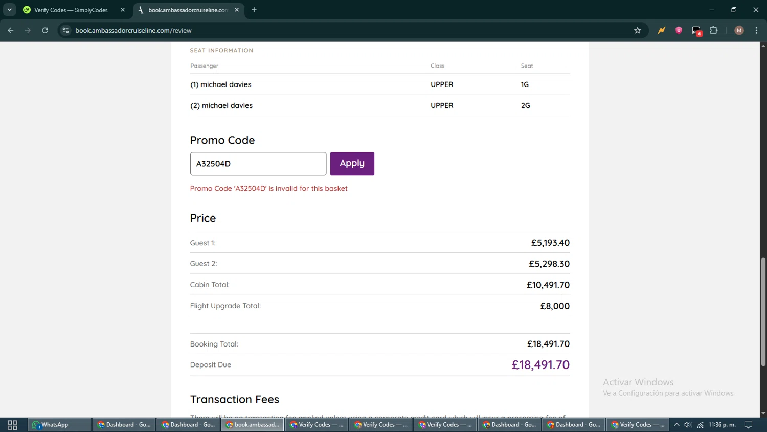 Ambassador Cruise Line promo code screenshot showing code A32504D applied at Ambassador Cruise Line checkout page. Uploaded by SimplyCodes community member DiscountTitan4635 on Oct 3, 2025