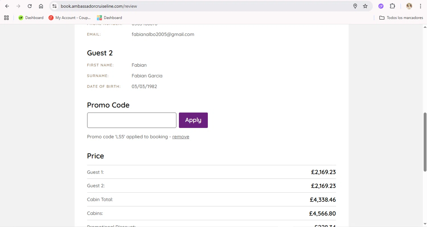 Ambassador Cruise Line promo code screenshot showing code LS5 applied at Ambassador Cruise Line checkout page. Uploaded by SimplyCodes community member LegendaryTitan9160 on Dec 26, 2025
