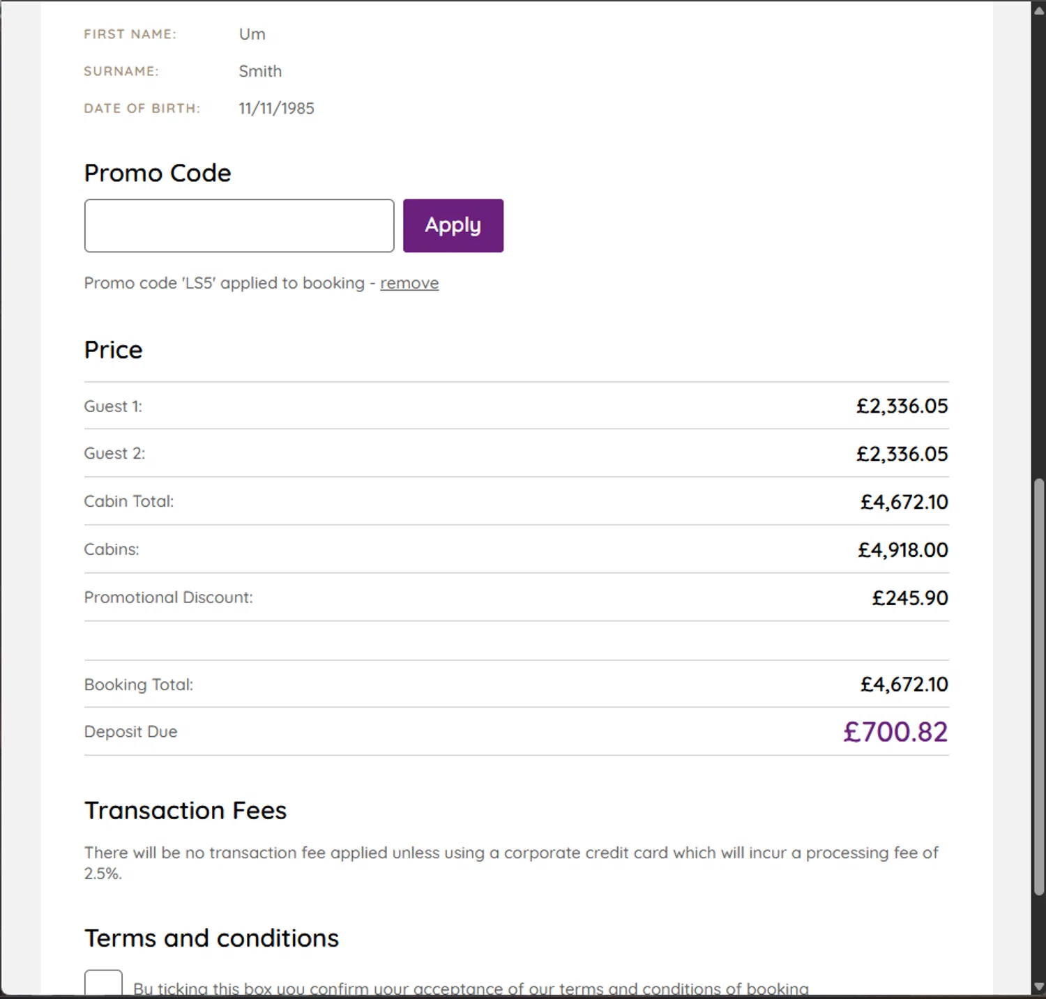 Ambassador Cruise Line promo code screenshot showing code LS5 applied at Ambassador Cruise Line checkout page. Uploaded by SimplyCodes community member PillarsofCreation on Nov 27, 2025