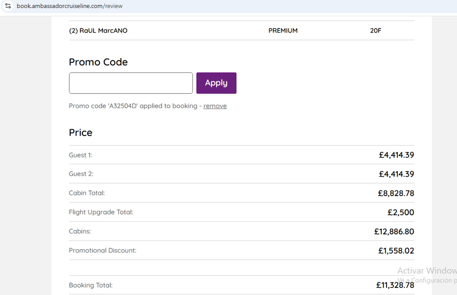 Ambassador Cruise Line promo code screenshot showing code A32504D applied at Ambassador Cruise Line checkout page. Uploaded by SimplyCodes community member THEPOWER on Sep 21, 2025