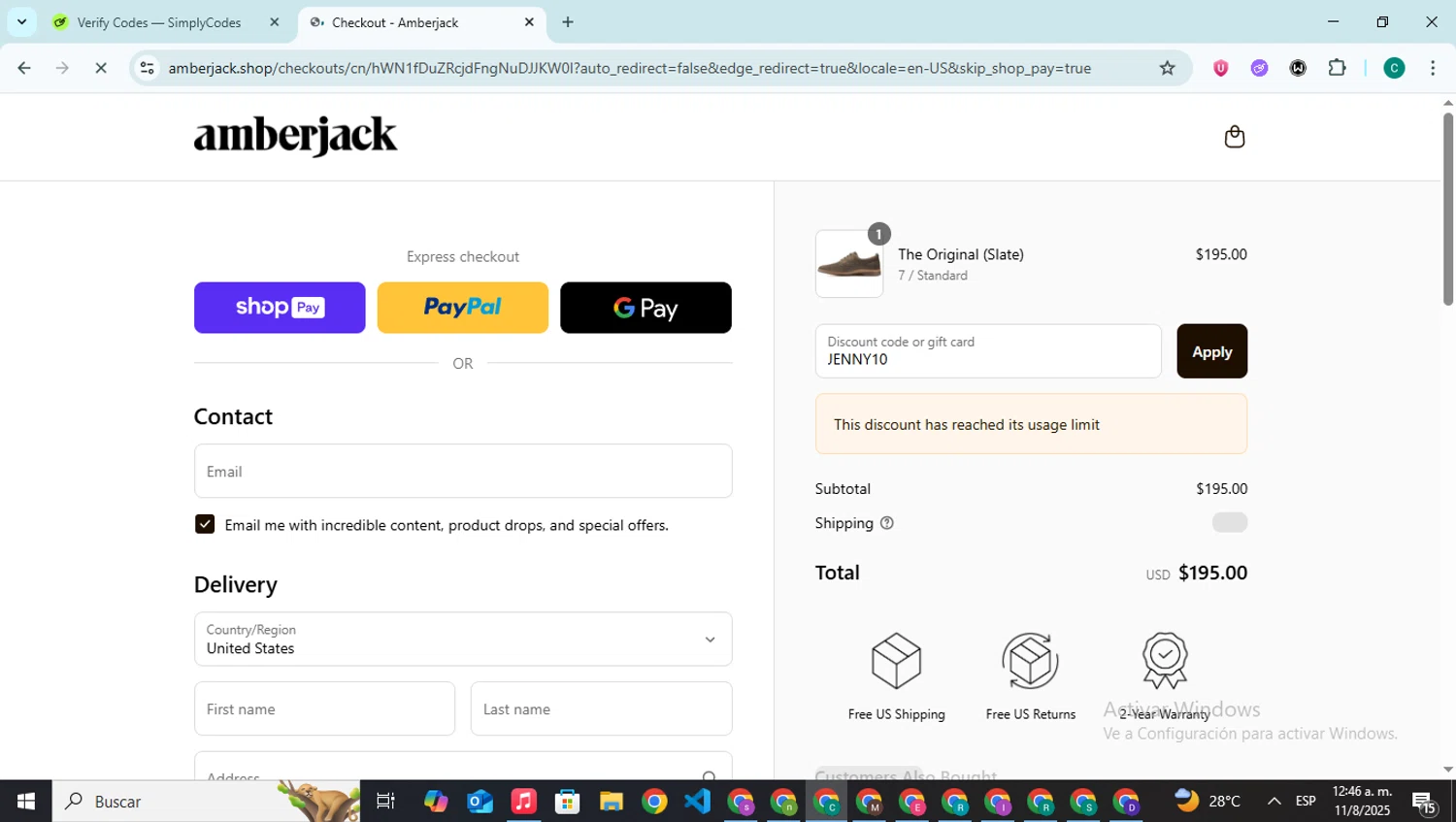 Amberjack discount code screenshot showing code JENNY10 applied at Amberjack checkout page. Uploaded by SimplyCodes community member BonusPilot927 on Aug 11, 2025