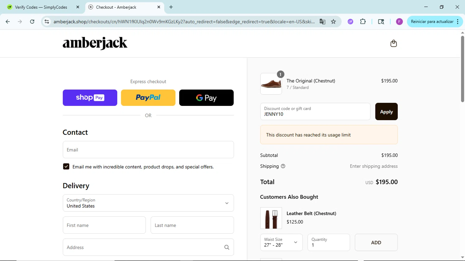 Amberjack discount code screenshot showing code JENNY10 applied at Amberjack checkout page. Uploaded by SimplyCodes community member ShieldTitan6985 on Aug 11, 2025