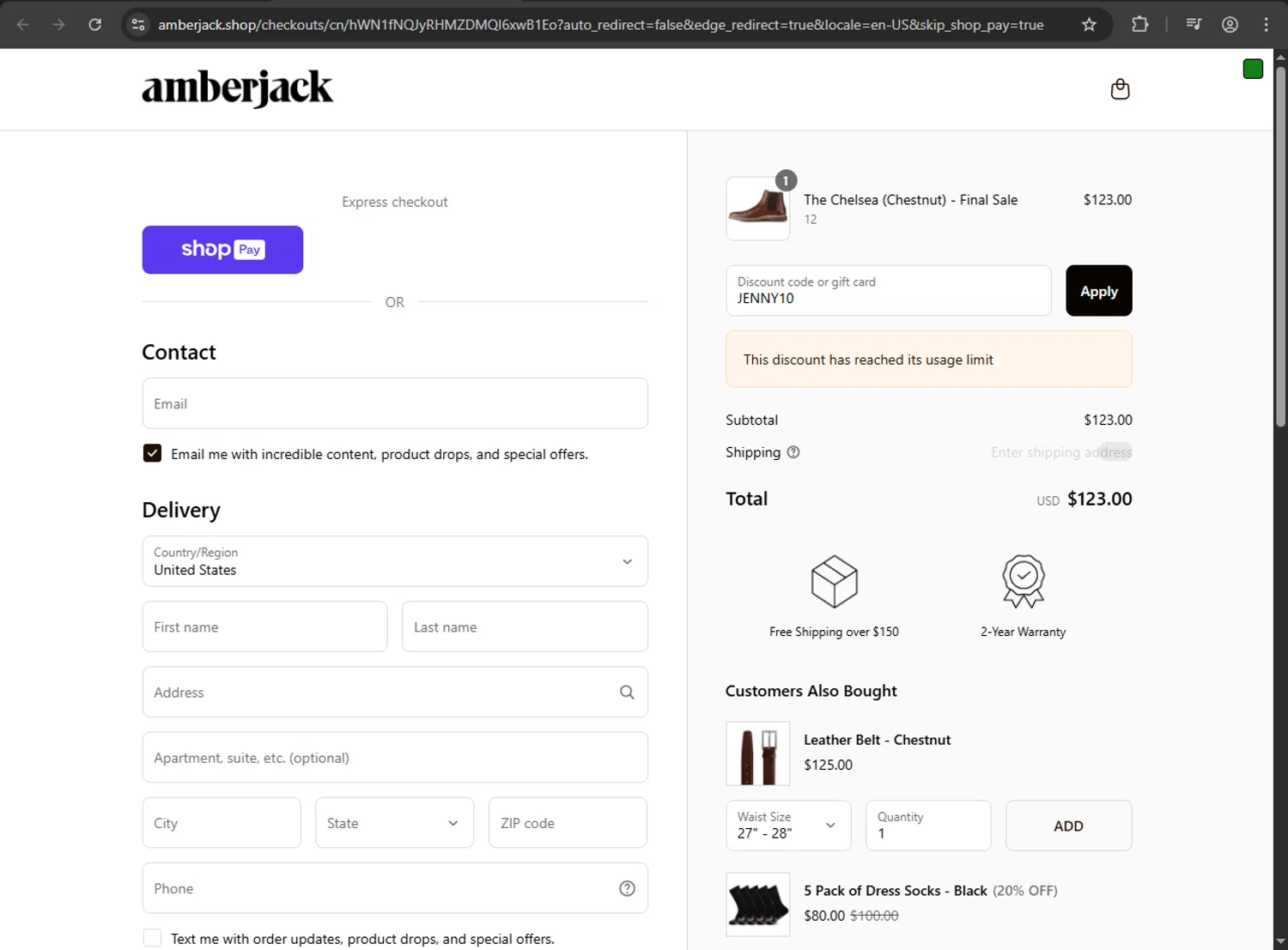 Amberjack discount code screenshot showing code JENNY10 applied at Amberjack checkout page. Uploaded by SimplyCodes community member THEROCKs on Aug 11, 2025