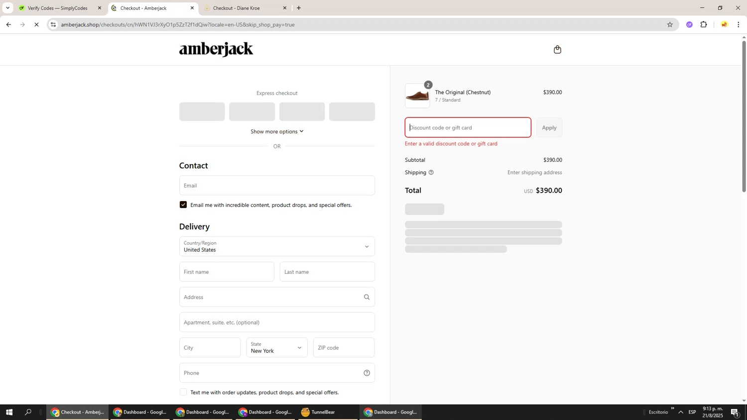 Amberjack discount code screenshot showing code MONICA10 applied at Amberjack checkout page. Uploaded by SimplyCodes community member Richard251 on Aug 22, 2025