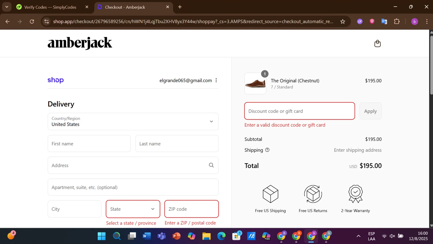 Amberjack discount code screenshot showing code MONICA10 applied at Amberjack checkout page. Uploaded by SimplyCodes community member ThriftyHero7862 on Aug 12, 2025