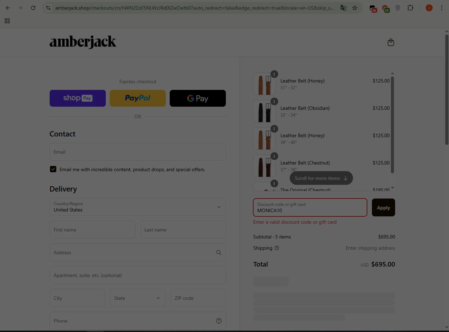 Amberjack discount code screenshot showing code MONICA10 applied at Amberjack checkout page. Uploaded by SimplyCodes community member WonderSpotter5339 on Aug 25, 2025