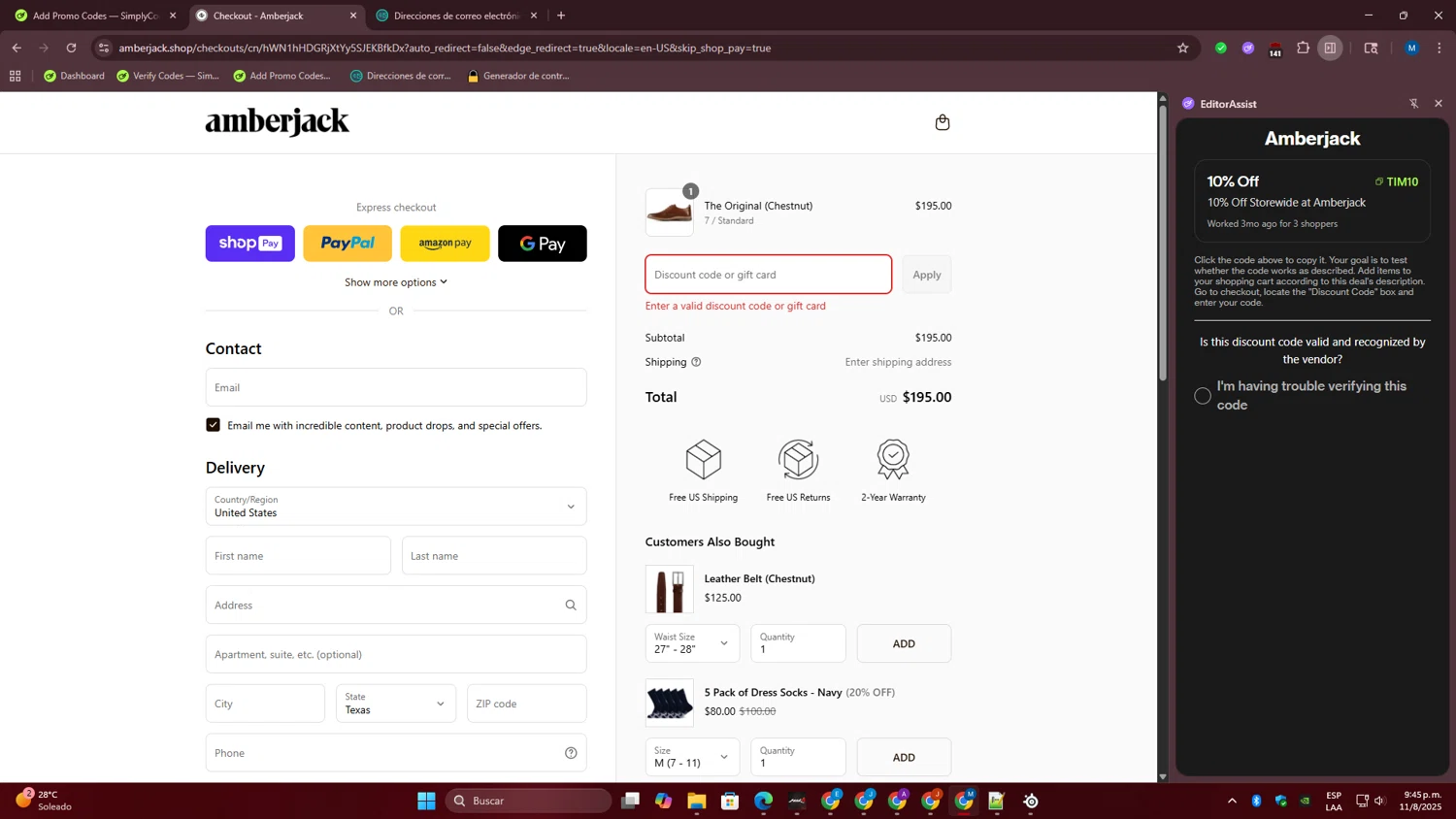 Amberjack discount code screenshot showing code TIM10 applied at Amberjack checkout page. Uploaded by SimplyCodes community member BonusHero4456 on Aug 12, 2025
