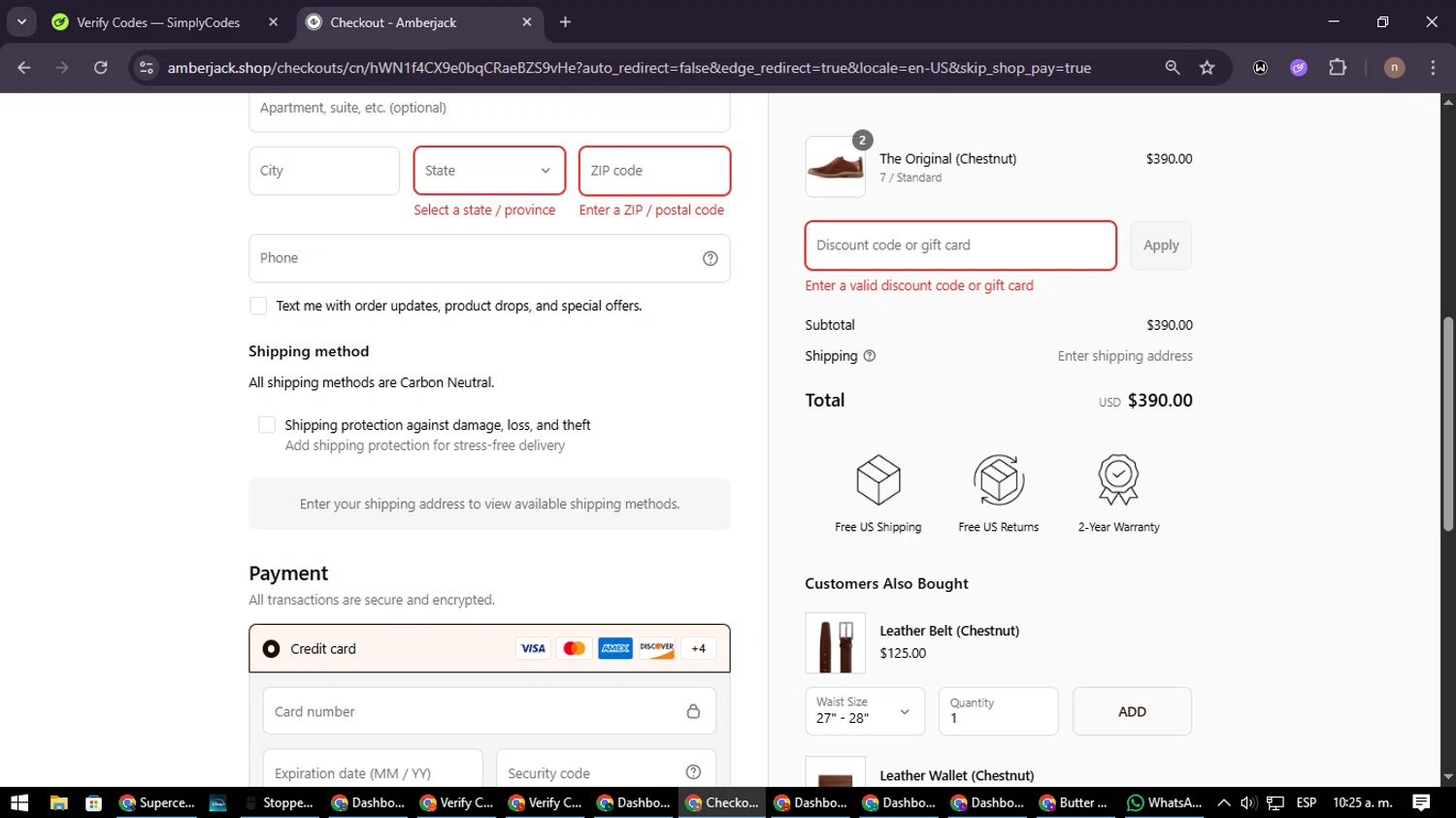 Amberjack discount code screenshot showing code TIM10 applied at Amberjack checkout page. Uploaded by SimplyCodes community member SmartWarden8713 on Aug 19, 2025