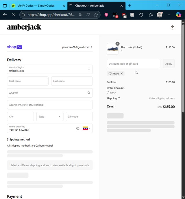 Amberjack checkout page showing Amberjack discount code box | Screenshot taken by SimplyCodes community member on Aug 26, 2025