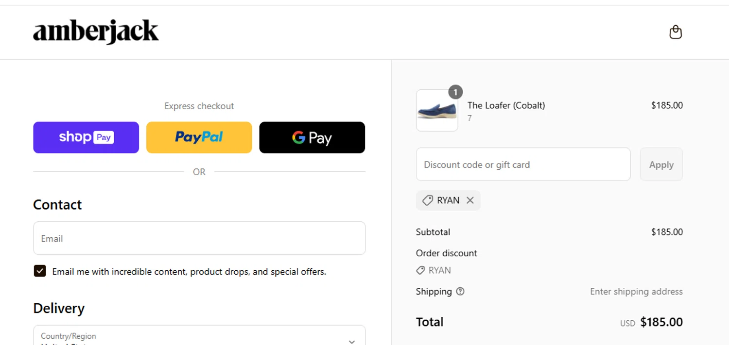 Amberjack discount code screenshot showing code RYAN applied at Amberjack checkout page. Uploaded by SimplyCodes community member yeresojperez on Aug 23, 2025