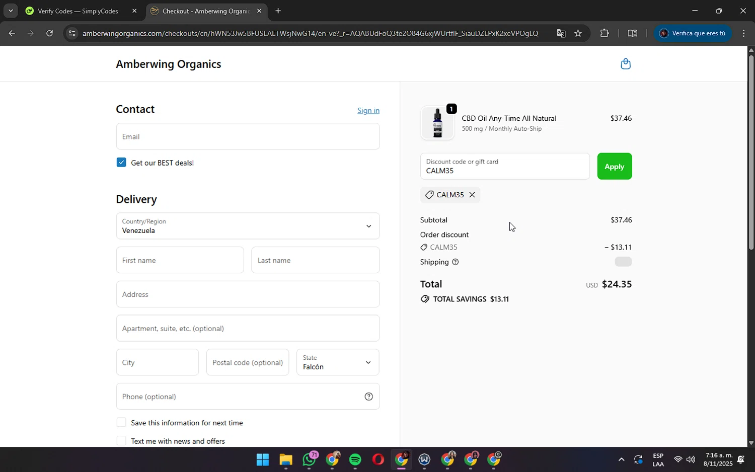 Amberwing Organics promo code screenshot showing code CALM35 applied at Amberwing Organics checkout page. Uploaded by SimplyCodes community member AshlyMichell on Nov 8, 2025