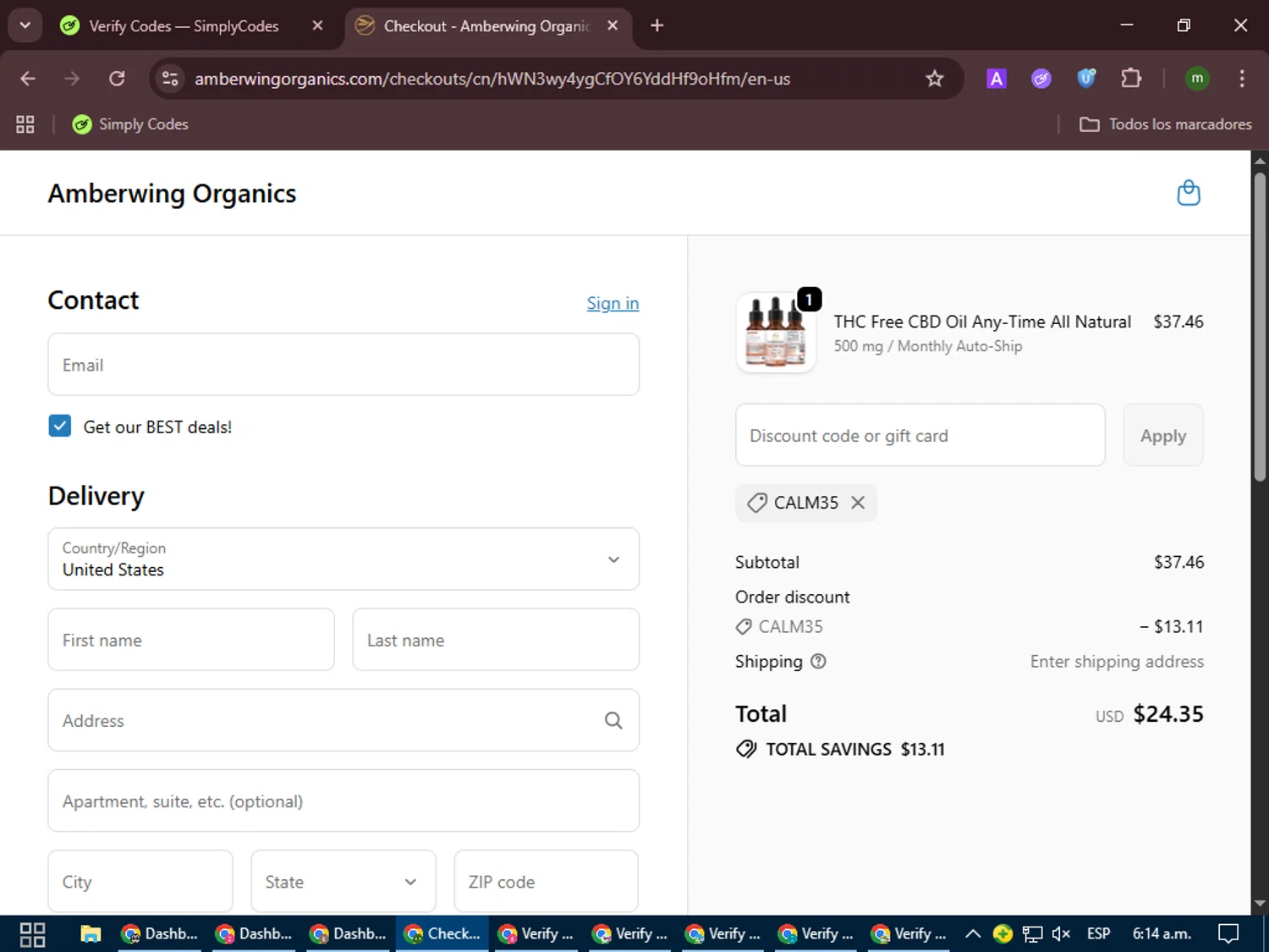 Amberwing Organics promo code screenshot showing code CALM35 applied at Amberwing Organics checkout page. Uploaded by SimplyCodes community member VoucherCollector9196 on Oct 10, 2025