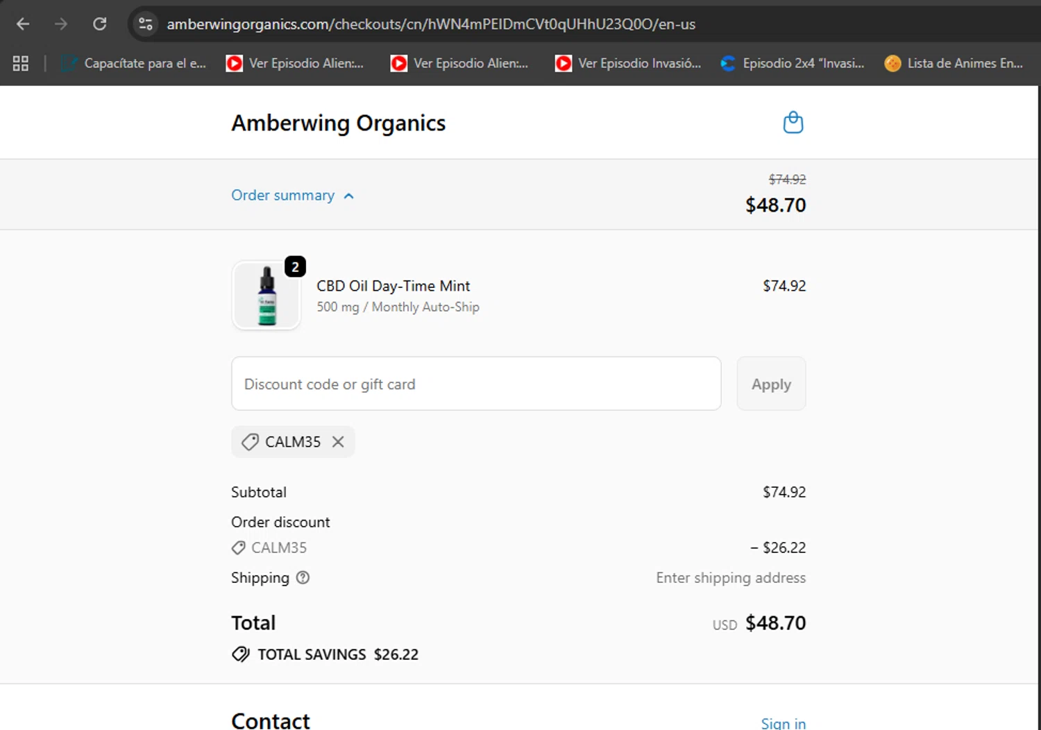 Amberwing Organics promo code screenshot showing code CALM35 applied at Amberwing Organics checkout page. Uploaded by SimplyCodes community member eduardolopez on Nov 1, 2025