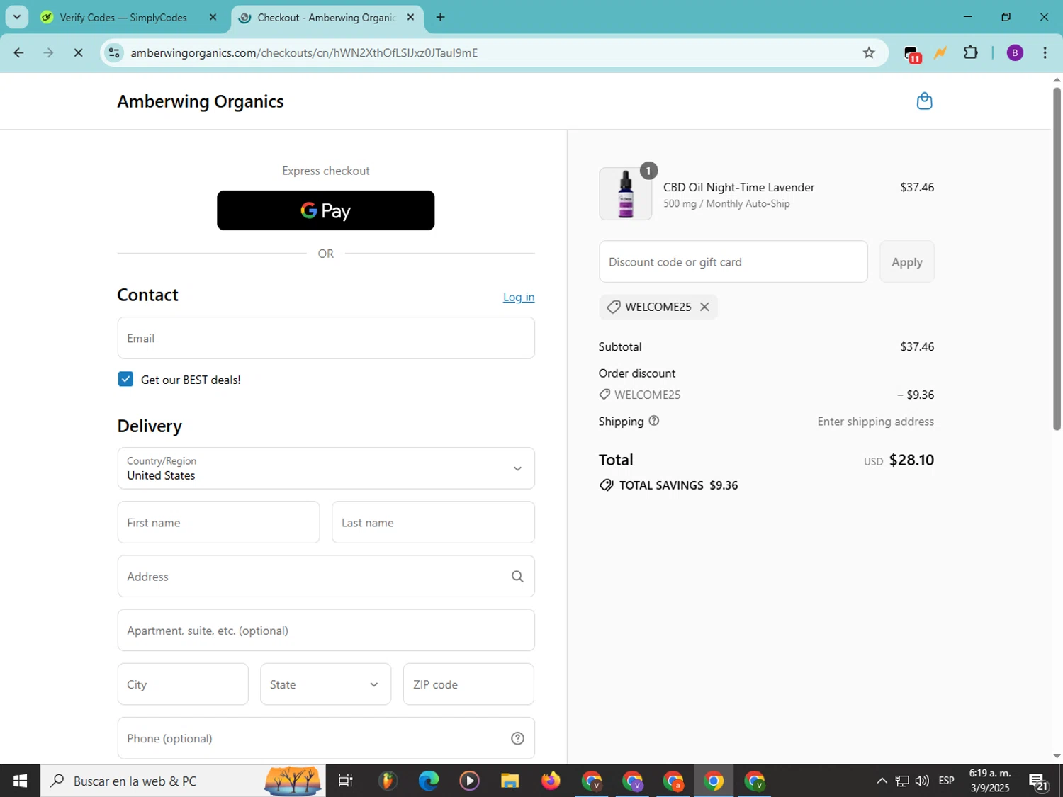 Amberwing Organics promo code screenshot showing code WELCOME25 applied at Amberwing Organics checkout page. Uploaded by SimplyCodes community member Soyvictor on Sep 3, 2025