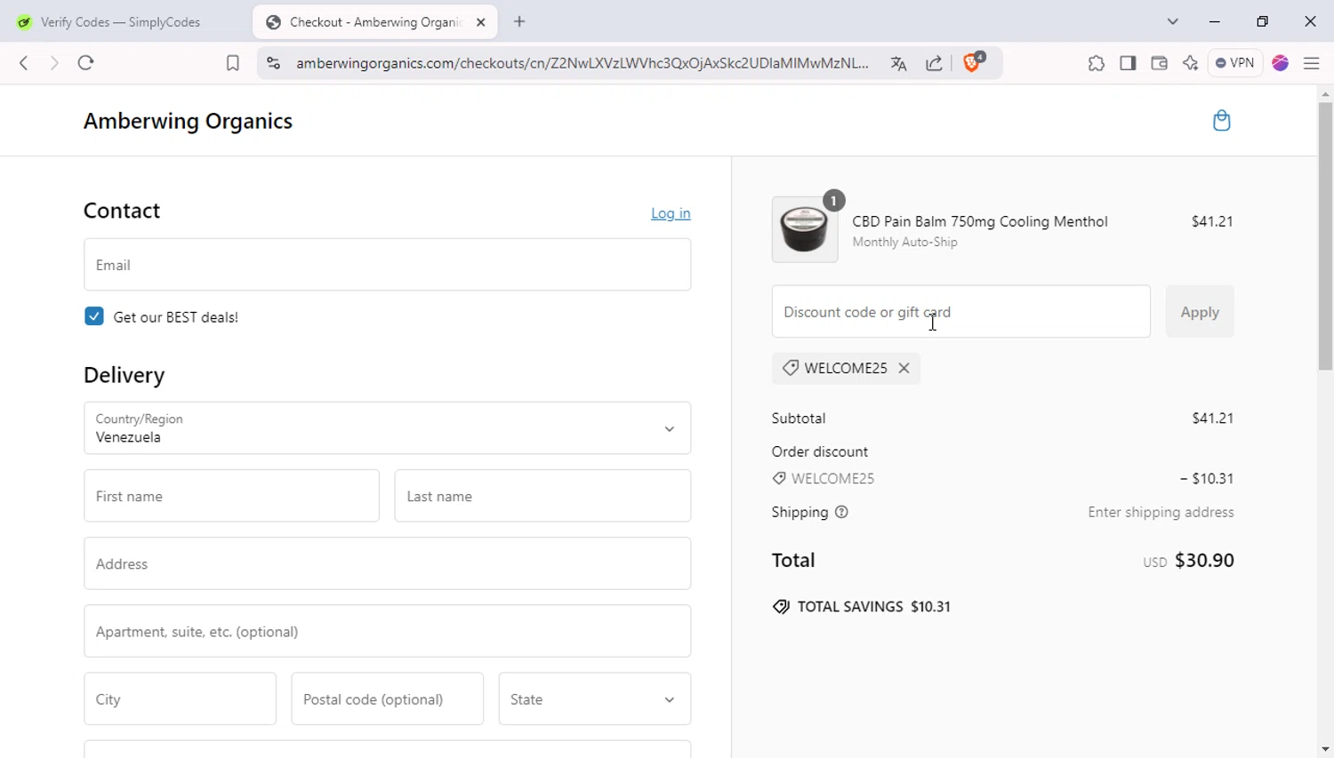 Amberwing Organics promo code screenshot showing code WELCOME25 applied at Amberwing Organics checkout page. Uploaded by SimplyCodes community member 9p99p9p on Dec 28, 2024