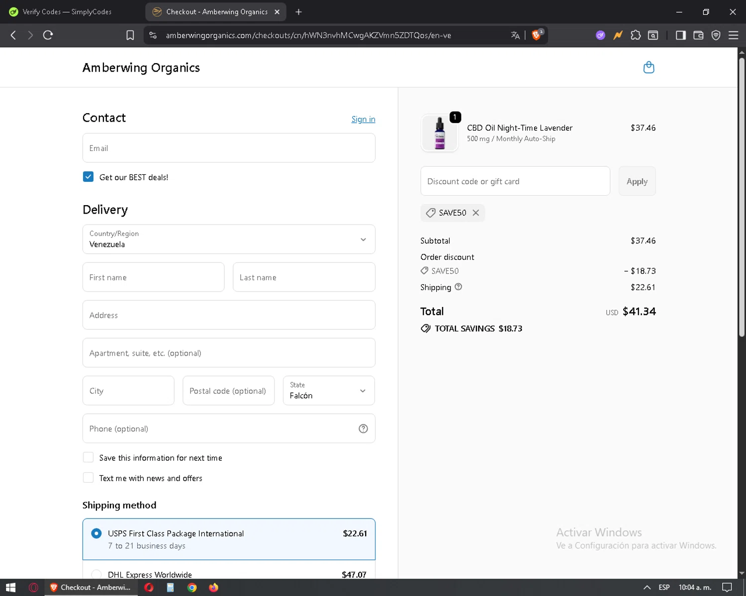 Amberwing Organics promo code screenshot showing code SAVE50 applied at Amberwing Organics checkout page. Uploaded by SimplyCodes community member mixelis on Oct 6, 2025