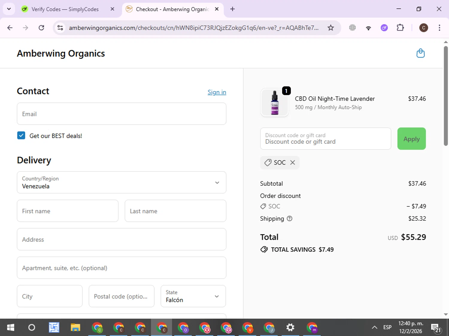 Amberwing Organics checkout page showing Amberwing Organics promo code box | Screenshot taken by SimplyCodes community member on Feb 13, 2026
