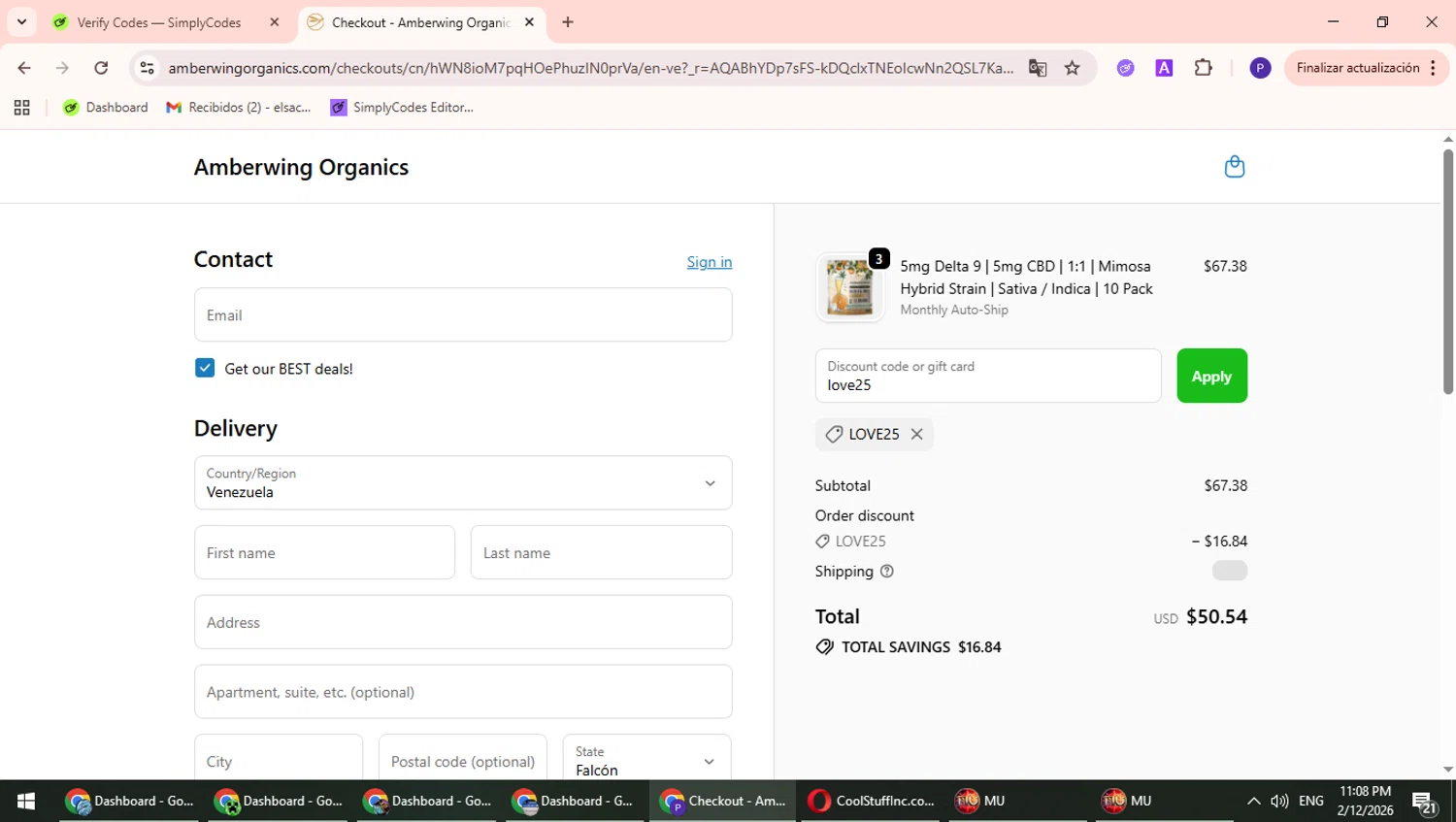 Amberwing Organics checkout page showing Amberwing Organics promo code box | Screenshot taken by SimplyCodes community member on Feb 13, 2026