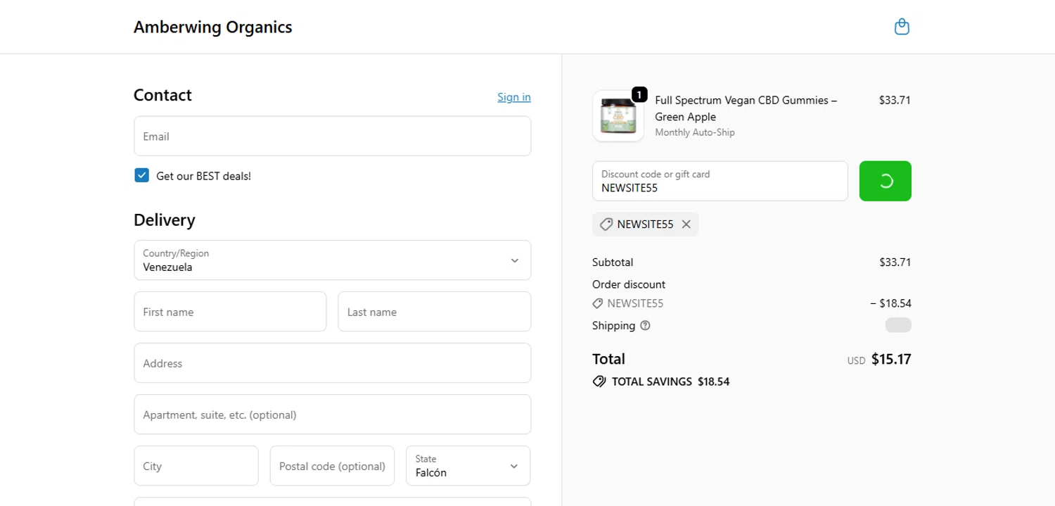 Amberwing Organics promo code screenshot showing code NEWSITE55 applied at Amberwing Organics checkout page. Uploaded by SimplyCodes community member juanisaac on Oct 22, 2025