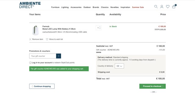 AmbienteDirect checkout page showing AmbienteDirect promo code box | Screenshot taken by SimplyCodes community member on Aug 13, 2025