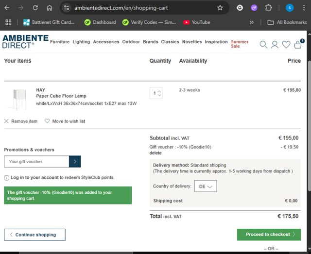 AmbienteDirect checkout page showing AmbienteDirect promo code box | Screenshot taken by SimplyCodes community member on Aug 13, 2025