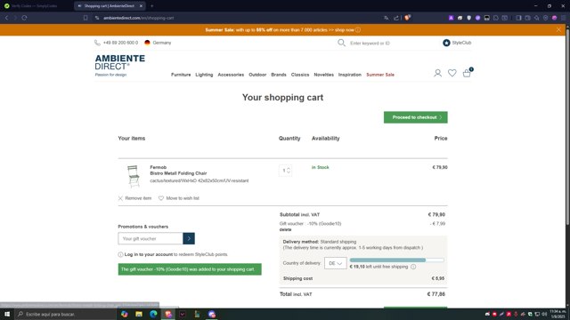 AmbienteDirect checkout page showing AmbienteDirect promo code box | Screenshot taken by SimplyCodes community member on Aug 1, 2025