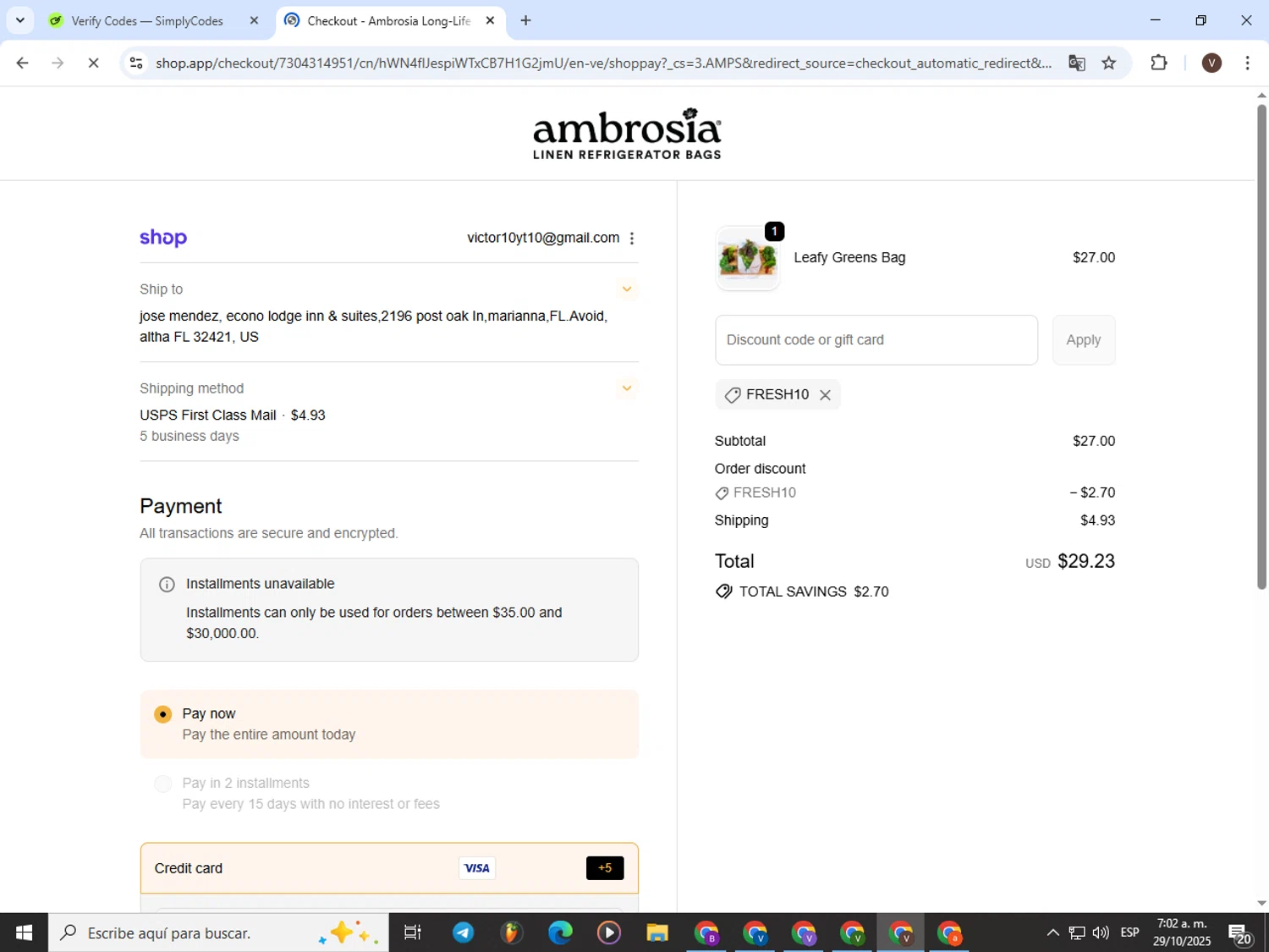 Ambrosia Bags discount code screenshot showing code FRESH10 applied at Ambrosia Bags checkout page. Uploaded by SimplyCodes community member CashLion3448 on Oct 29, 2025