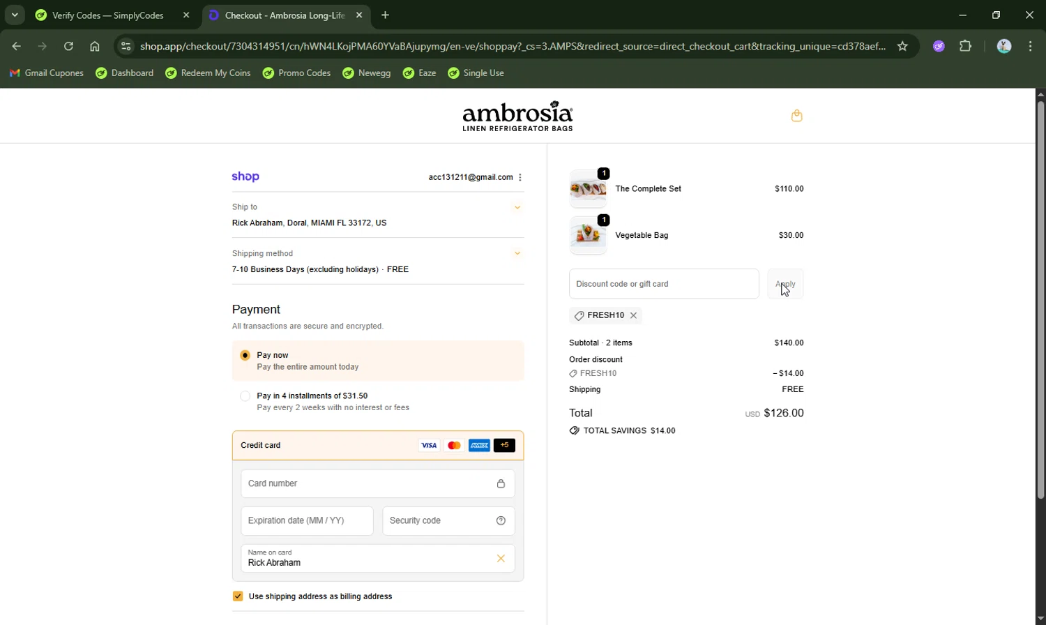 Ambrosia Bags discount code screenshot showing code FRESH10 applied at Ambrosia Bags checkout page. Uploaded by SimplyCodes community member LHaunter2 on Oct 20, 2025