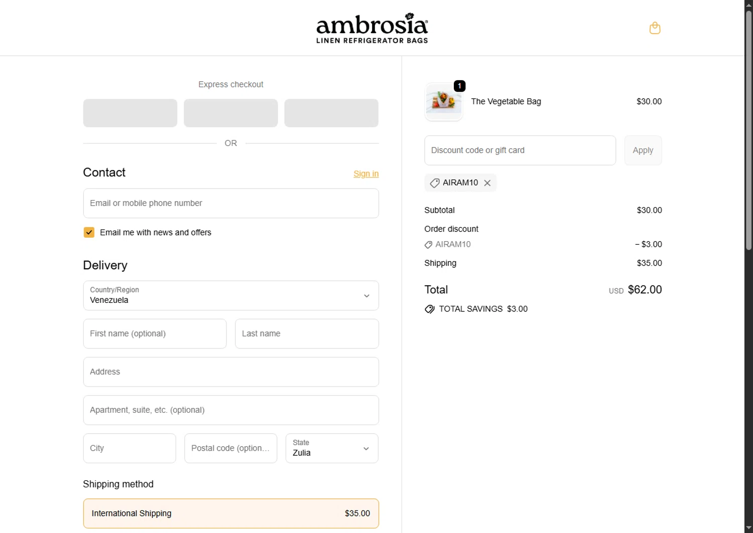 Ambrosia Bags discount code screenshot showing code Airam10 applied at Ambrosia Bags checkout page. Uploaded by SimplyCodes community member Leannysv7lla on Sep 18, 2025