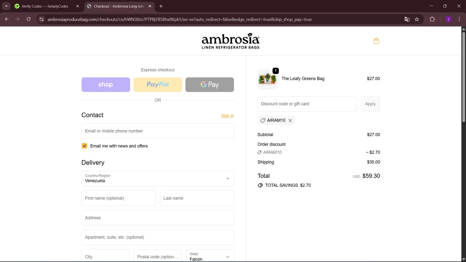 Ambrosia Bags discount code screenshot showing code Airam10 applied at Ambrosia Bags checkout page. Uploaded by SimplyCodes community member MagnificentSleuth912 on Sep 18, 2025